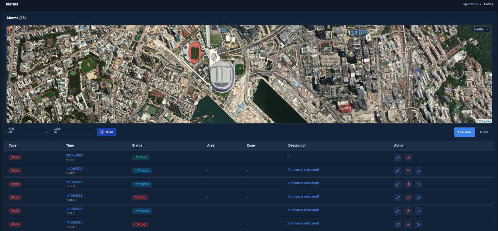 Alarms on the map — and in a working queue.